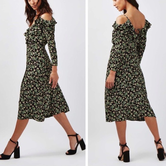TOPSHOP Busy Garden Ruffle Cold Shoulder WrapDress - Picture 2 of 8
